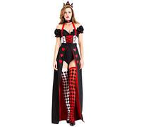 IDOPIP Queen of Hearts Costume Adult Women Halloween Costume Fancy Dress with Crown Book Character Black and Red Queen Dress Outfits for Carnival Cosplay Party Christmas World Book Day o1 S