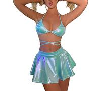 IDOPIP Rave Outfits for Women 3 Piece Lingerie Sets Sexy Metallic Holographic Glitter Halter Bikini Bra Top + Mini Skirts Top Set for Festival Dance Clubwear Party, Green, M