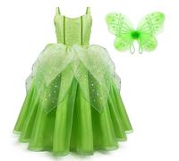 IDOPIP Tinkerbell Costume for Girls Fairy Dress Up Princess Party Dress With Butterfly Wings 2 pcs Outfits for Birthday Party Halloween Christmas Carnival Cosplay Green 2-3 Years