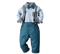 IDOPIP Toddler Baby Boys Clothes Sets Long Sleeve Bow Tie Shirt Tops +Suspenders Trousers Formal Gentleman Suits Wedding Christening Birthday Party Outfit Sets Light Blue + Teal 2-3 Years