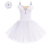 IDOPIP Women Adult Swan Lake Costumes Sequin Rhinestone Camisole Professional Swan Ballet Tutu Skirt Puffy Tulle Performance Leotard Skirt with Flower Hair Clip Ballerina Skating Costume White L