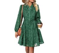 IDOPIP Women Long Sleeve V Neck Spring Fall Casual Dress A-Line Elegant Flowy Shirt Dress with Belt Button Down Fuzzy Above Knee Length Green M
