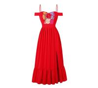 IDOPIP Women Mexican Off Shoulder Floral Embroidery Ruffle Split A Line Maxi Dress Summer Beach Holiday Cinco De Mayo Fiesta Folklorico Traditional Day of the Dead Red XL