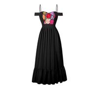 IDOPIP Women Mexican Off Shoulder Floral Embroidery Ruffle Split A Line Maxi Dress Summer Beach Holiday Cinco De Mayo Fiesta Folklorico Traditional Day of the Dead Black M