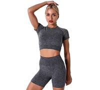 IDOPIP Women Yoga Sets Workout 2 Piece Outfit Seamless Running Crop Top High Waist Shorts Gym Clothes Sets #1 Gray Large