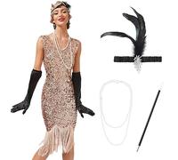 IDOPIP Women's 1920s Sequin Beaded Fringed Dress Vintage Great Gatsby 20s Accessories Set Feather Pearl Necklace Pink XL