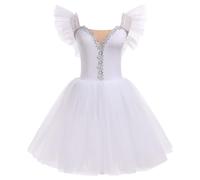 IDOPIP Women's Ballet Tutu Skirt Embroidery Lace Sparkling Sequins Swan Lake Costume Sleeveless Leotard Dance Dress White A S