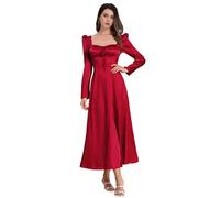 IDOPIP Women's Long Sleeved Vintage Satin Corset Square Neck Maxi Dress - A-Line Lace Up Tie Puff Sleeves for Wedding Party Evening Gowns - Red M