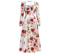 IDOPIP Women's Long Sleeved Vintage Satin Corset Square Neck Maxi Dress A-Line Lace Up Tie Puff Sleeves for Wedding Party Evening Gowns Red Rose M
