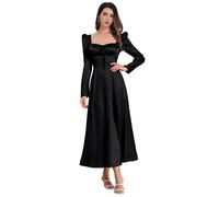 IDOPIP Women's Long Sleeved Vintage Satin Corset Square Neck Maxi Dress A-Line Lace Up Tie Puff Sleeves for Wedding Party Evening Gowns Black L
