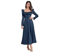 IDOPIP Women's Long Sleeved Vintage Satin Corset Square Neck Maxi Dress A-Line Lace Up Tie Puff Sleeves for Wedding Party Evening Gowns Blue 2XL