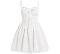 IDOPIP Women's Summer Low Cut Spaghetti Straps Boho Dress Sleeveless Backless Lace Ruffle Short Dress Corset Dress Solid Color White XL