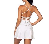 IDOPIP Women's Tennis Dress with Integrated Bra and Shorts with Pockets Sexy Lace Up Backless Golf Athletic Sports Dresses, White, XS