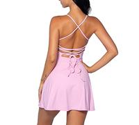 IDOPIP Women's Tennis Dress with Integrated Bra and Shorts with Pockets Sexy Lace Up Backless Golf Athletic Sports Dresses, pink, XS