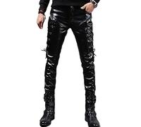 Idopy Men`s Rock Steampunk Lace Up PU Leather Pants Slim Fit Trousers - Black - 34