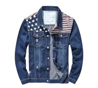 Idopy Men's American USA Flag Denim Jacket Distressed Ripped Jean Coat Outerwear Blue L