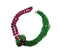 IDUTQUMW 2 Rows 12mm Fuchsia Tiger Eye 18 Rows 3mm Green Crystal Statement Necklace For Women