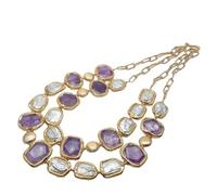 IDUTQUMW 2strands Cultured White Keshi Pearl Amethyst faceted Rectangle Gold Filled Edge Chain statement Necklace 24"