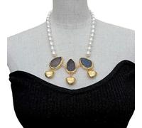 IDUTQUMW Cultured White Rice freshwater Pearl choker Necklace Quartz Gold filled Brushed Pendant 20''