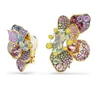 Idyllia clip earrings, Asymmetrical design, Mixed cuts, Pavé, Flower, Multicoloured, Gold-tone plated