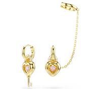 Idyllia drop earrings with ear cuff, Mixed cuts, Heart with key, Pink, 18K gold finish