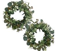 idyllic 12” Artificial Green Leaves Wreath Eucalyptus Round Wreath for Home Decoration Rustic Farmhouse Decor for Festival Celebration Front Door (2 Pack)
