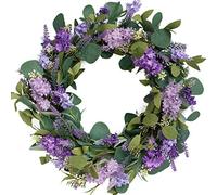 idyllic 18”Artificial Flower Eucalyptus Leaves Wreath Rustic Farmhouse Decorative Floral Wreath for Front Door Window Wedding Spring, Purple