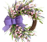 Idyllic 18 Inch Spring Summer Forsythia Lavender Wild Flowers Wreath for Front Door. Rustic and Farmhouse Indoor and Outdoor Artificial Flower Burlap Bow Knot Wreath for Home Decoration