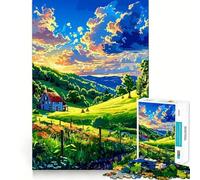 Idyllic Countryside Landscape with Blue House Adults 1000 Piece Jigsaw Puzzle Cognitive Skill Tight Connection Fun Challenge Classic Xmas Gift (50x75cm)