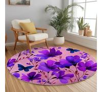 Idyllic Style Purple Floral Watercolor Round Rugs, Washable Non-Slip Round Area Rug Diameter 90 cm for Living Room Bedroom Hallway Study Coffee Table Bedside Carpet