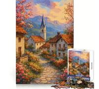 Idyllic Village Scene with Flowers for Adults 1000 Piece Jigsaw Puzzle Brain Exercise Tension Relief Real Challenge Classic Xmas Gift (38x26cm)