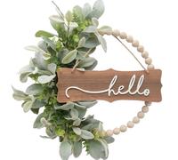 idyllic Winters Wreath for Front Door, Wood Bead Wreaths with Artificial Lambs Ears Leaves, Hello and Welcome Door Sign Wreath for Home Decor, Spring Summer Green Leaf Wreath for Wedding Decor