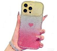 IDYStar for iPhone 16 Pro Max Case Sparkling Diamond Cute Curly Wave Frame with Removable Love Heart Pattern Glitter Paper,Shockproof Silicone Cover Compatible with iPhone 16 Pro Max 6.9",Yellow/Pink