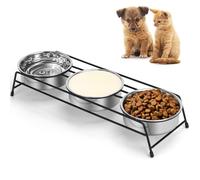IEBIYO Raised Cat Bowls Triple Dog Cat Feeder Holders 3 Stainless Steel Elevated Pet Water Food Bowl for Cats Puppies Rabbits (3 Bowls)