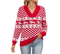 IECCP Christmas Jumpers for Women Long Sleeve Tops Ladies V Neck Lightweight Knit Sweater Solid Color Pullover Red Heart Elk S