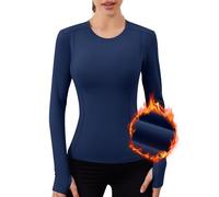 IECCP Long Sleeve Running Shirt for Women Fleece Thermal Athletic Shirts Quick Dry Workout Tops Compression Shirt with Thumb Holes Navy Blue XS