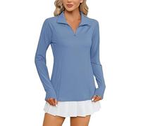 IECCP Long Sleeve Shirts for Women Moisture Wicking Golf Shirt Quick Dry UPF 50+ Sun Tennis Athletic Tops Polo Shirts for Women 1/4 Zip Running Tops with Thumb Holes Haze Blue S