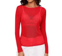 IECCP Mesh Tops for Women Long Sleeve Top Mesh Sheer Tight Lace Top for Party Club Going Out Red XL