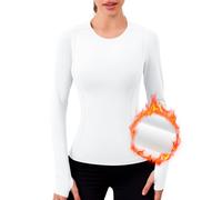 IECCP Plus Size Thermal Running Top Women's Thermal Base Layers Fleece Tops Long Sleeve Workout Shirts Ski Athletic Compression Tops with Thumb Holes White XL