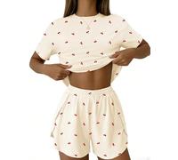 IECCP Pyjamas for Women Ladies Pyjamas Set Sexy Y2K Pjs Sets Cute Matching Pyjamas for Ladies Two Piece Summer Nightwear Loungewear Apricot Cherry S