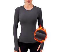 IECCP Women Thermal Running Tops Thumbholes Long Sleeve Gym Top Fleece Ski Base Layer Compression Shirts Warm Quick Dry Fleece Lined Workout Top with Thumb Gray XL