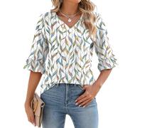 IECCP Women Tops Summer V Neck Tunic Boho Printed Elegant Office Work Blouse Ladies Casual Dressy Ruffle Sleeve T Shirts White Colorful Leaves L (UK 16-18)