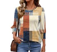 IECCP Women Tops Summer V Neck Tunic Elegant Office Work Blouse Ladies Casual Clothing Dressy Smocked Sleeve T Shirts Colorful Plaid L (UK 16-18)