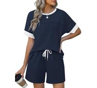 IECCP Womens 2 Piece Set Summer Outfit Round Neck Loose Cotton Shirt and Drawstring Shorts with Two Pockets Lounge Wear Navy Blue White M