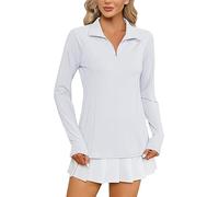 IECCP Women's Golf Polo Shirts Long Sleeve Workout Tops V Neck UPF 50+ Sun Protection Quick Dry Lightweight Active Thumbholes Shirts White Large