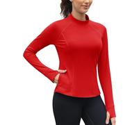 IECCP Womens High Neck Thermal Base Layer Fleece Lined Workout Tops Long Sleeve Lightweight Shirt with Thumb Holes Zipper Pocket Red XS