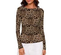 IECCP Women's Leopard Print Top Long Sleeve Mesh Tops Crew Neck See Through Transparent Ladies Blouses Sexy Slim Fit Sheer Lace Tops for Party Clubwear Mesh Leopard Print M
