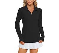 IECCP Women's Long Sleeve Collared Polo Shirts V Neck Casual Tops Womens Golf Shirt Quick Dry Tennis Tops UPF50+ Collared Golf Polo Shirts for Women with Thumbholes Black S
