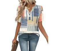 IECCP Womens Summer Tops Casual Short Sleeve T-Shirts Dressy Tunic V Neck Buttons Fashion Floaty Floral Printed Blouses Shirts Colorful Plaid XL (UK 18-20)
