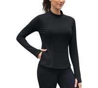 IECCP Women's Thermal Fleece Tops Long Sleeve Workout Shirts Mock Neck Pullover Tops with Thumb Hole and Zipper Pocket Black XS